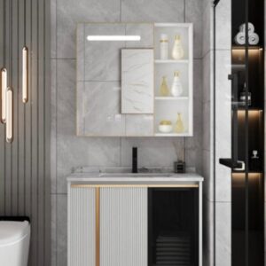 WHITE CABINET WITH GOLDEN HANDLE